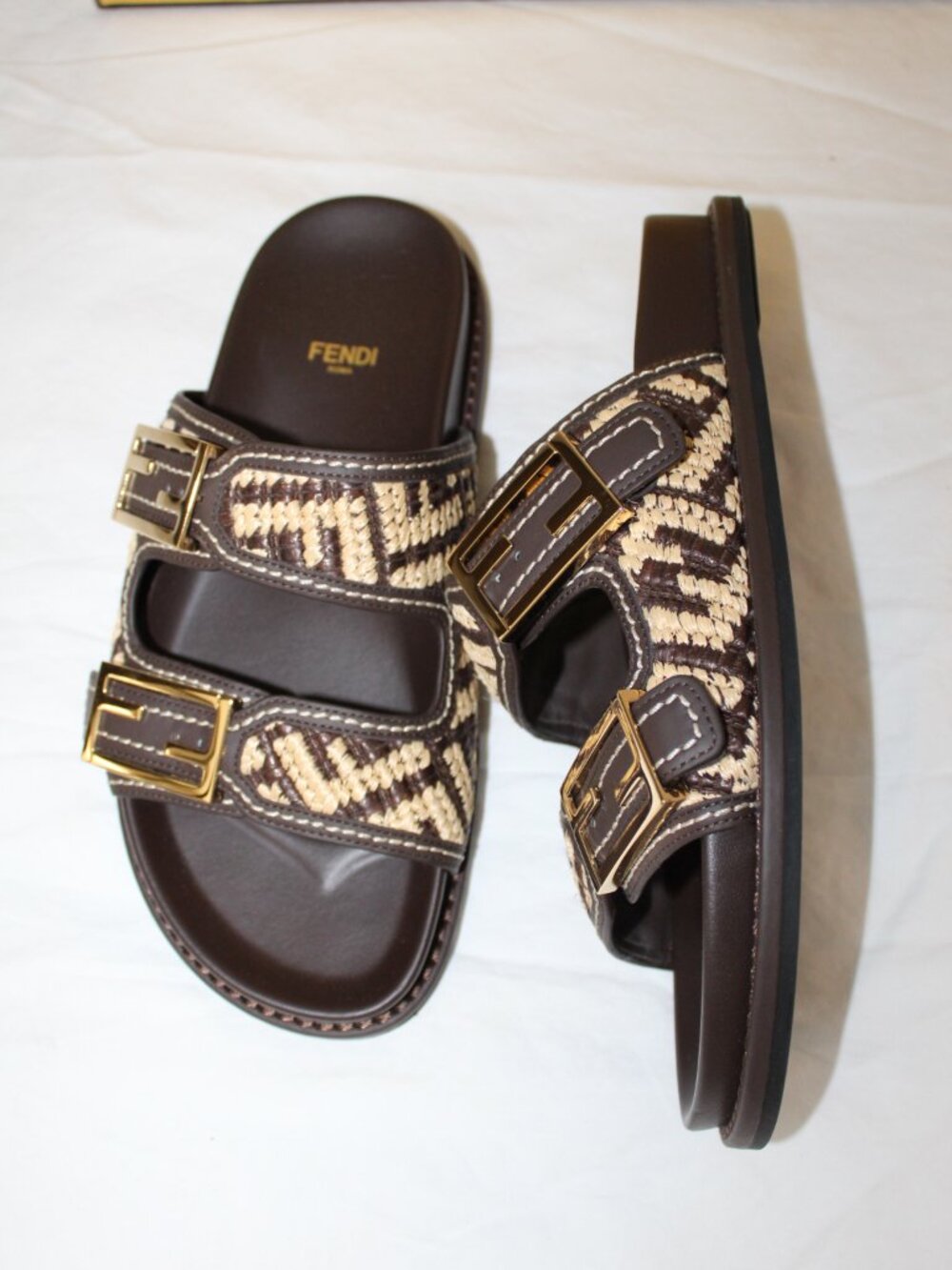 NWB FENDI Slide Feel FF Logo Dad Sandals Brown Leather Raffia Baguette Buckle 38